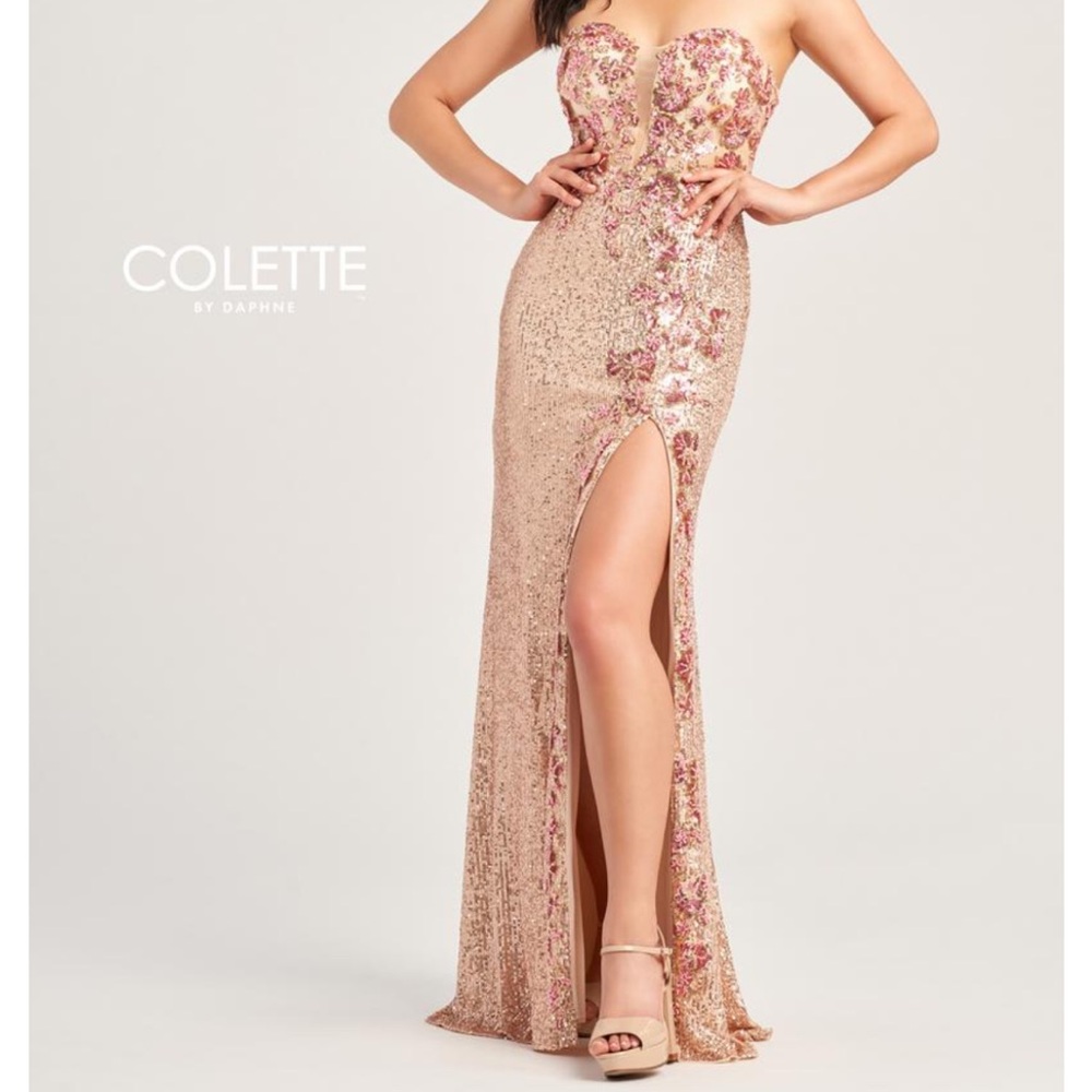 Colette by Daphne, Gold Lace and Sequence with Shear Bodice/ High Slit, Size  10 - Picture 14 of 17